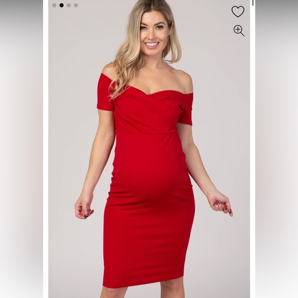 Red Solid Off Shoulder Maternity Fitted Dress - Picture 7 of 10